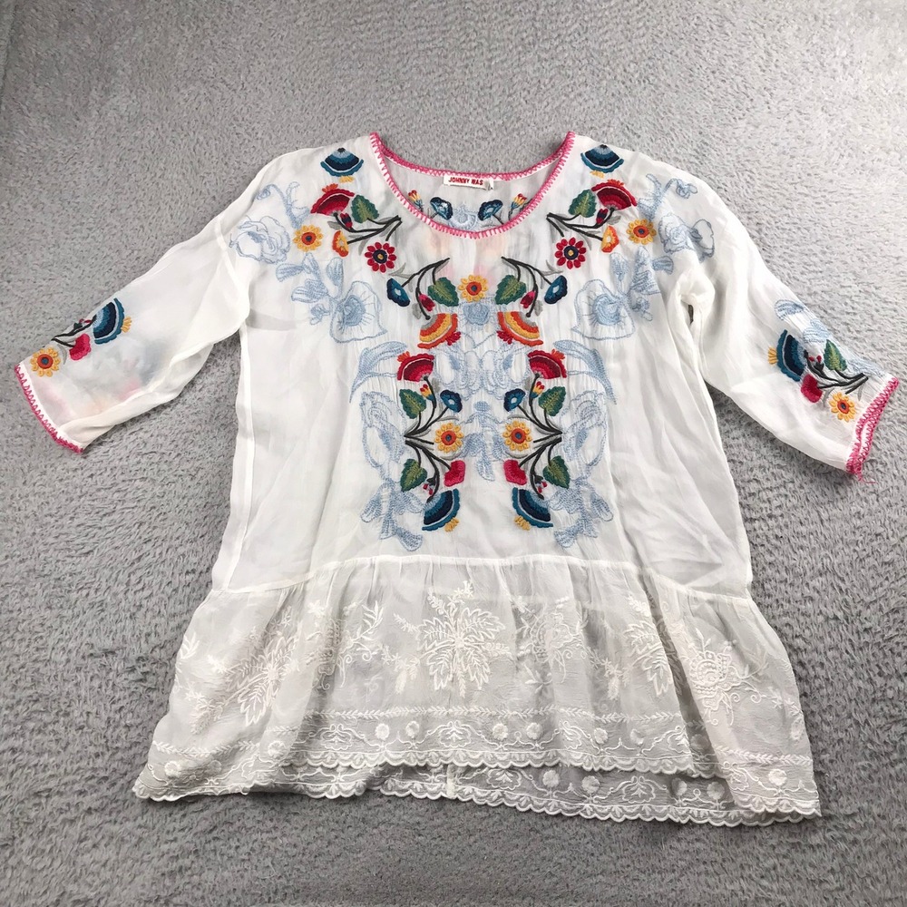 Johnny Was Cherie Tunic Top Women XS White Floral Embroidered Lace Boho *Flaw